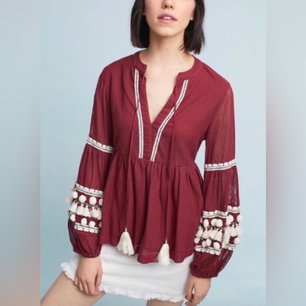 Anthropologie Vineet Bahl Nisha Peasant Pom Pom Top
Shirt Blouse